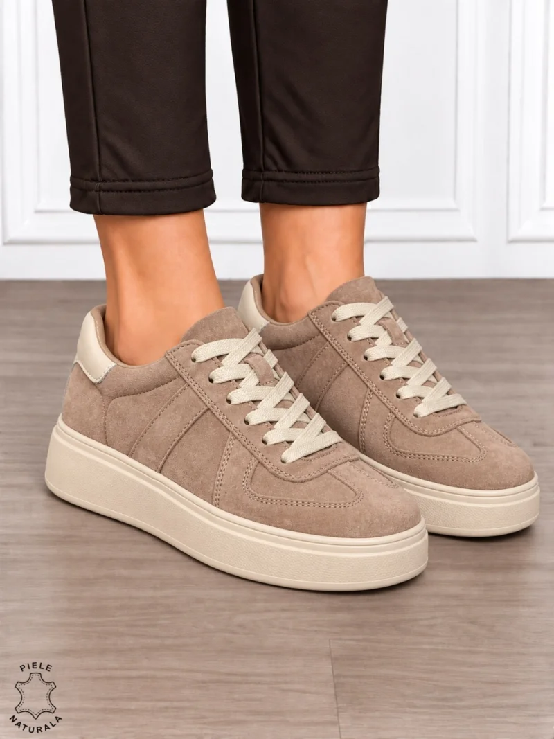 Pantofi casual damă din piele naturală întoarsă cu model lateral CRL1918 KHAKI