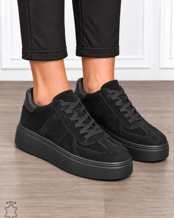 Pantofi casual damă din piele naturală întoarsă cu model lateral CRL1918 NEGRU