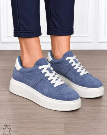 Pantofi casual damă din piele naturală întoarsă cu model lateral CRL1918 ALBASTRU
