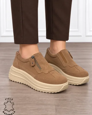 Pantofi casual din piele naturală întoarsă cu inchidere fermoar CRL1919 KHAKI