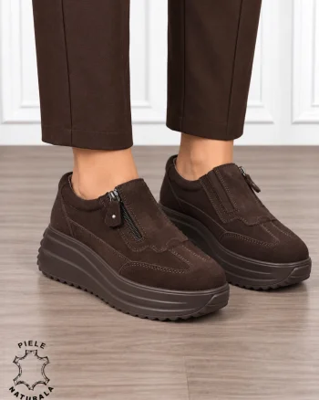 Pantofi casual din piele naturală întoarsă cu inchidere fermoar CRL1919 CAFENIU