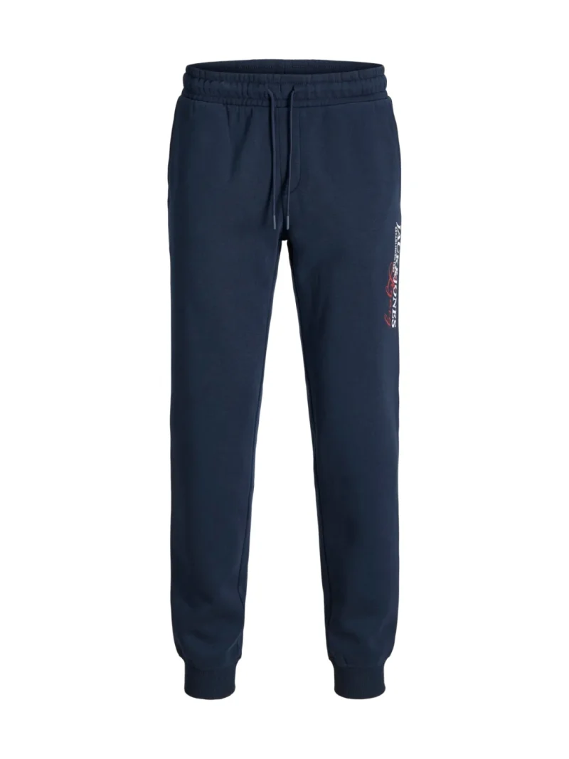 Jack & Jones Pantaloni de trening barbati, cu talie medie, Regular Fit, imprimeu cu logo, JPSTGORDON, Bleumarin inchis (SELECTATI MARIMEA: S)