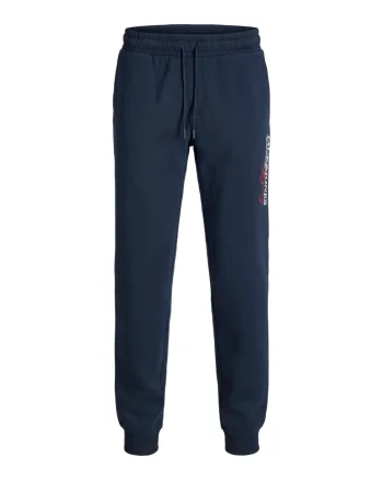 Jack & Jones Pantaloni de trening barbati, cu talie medie, Regular Fit, imprimeu cu logo, JPSTGORDON, Bleumarin inchis (SELECTATI MARIMEA: S)