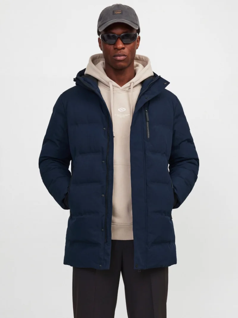 Jack & Jones Geaca lunga barbati, PUFFER, cu gluga, Regular fit, ALPHA, Bleumarin inchis (SELECTATI MARIMEA: S)