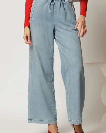 Blugi albastri casual cu croi larg si snur in talie
