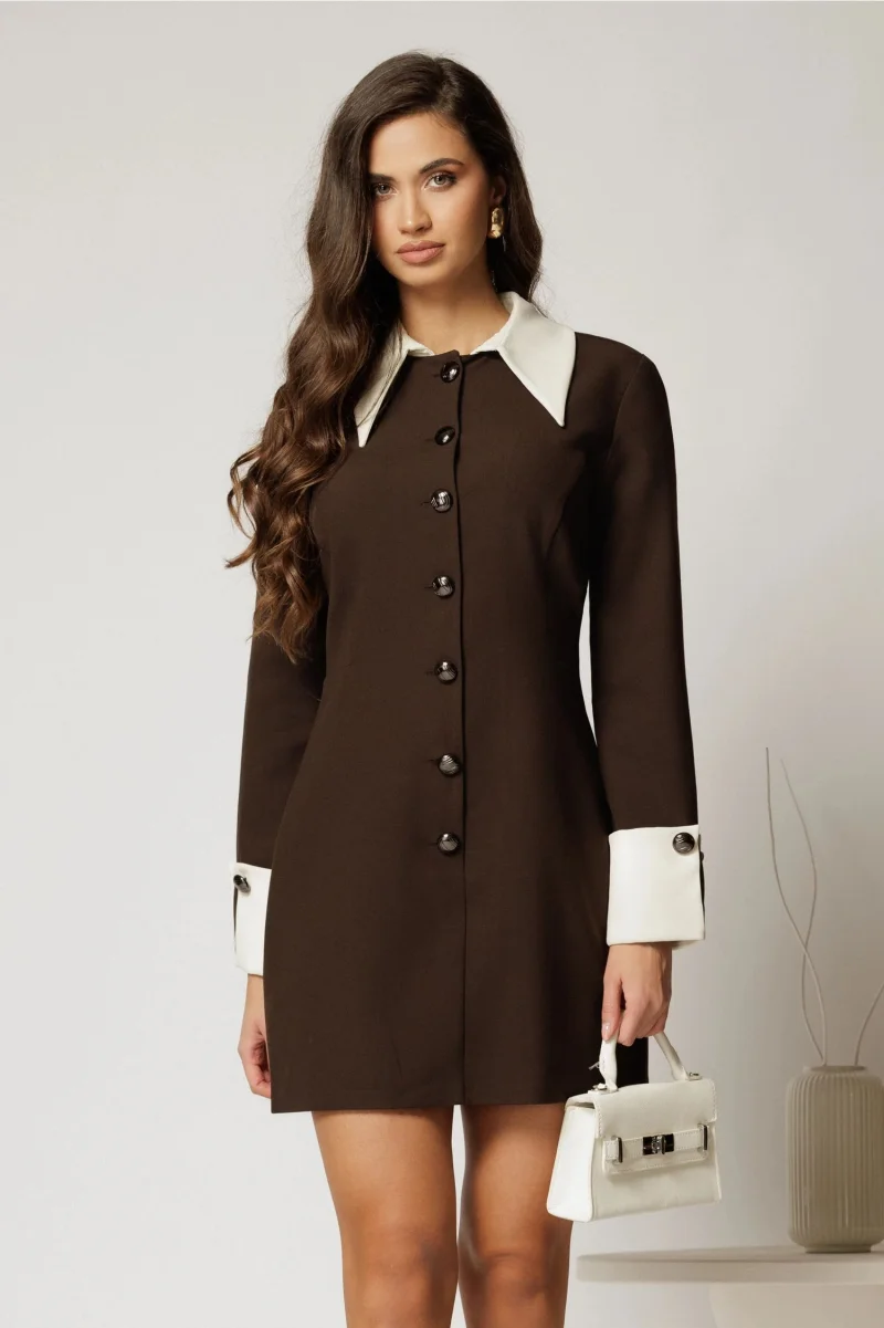 Rochie DY Fashion maro cu guler si mansete in contrast