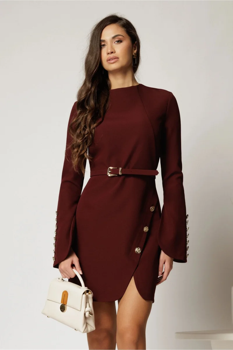 Rochie DY Fashion scurta bordo cu nasturi pe fusta si maneci