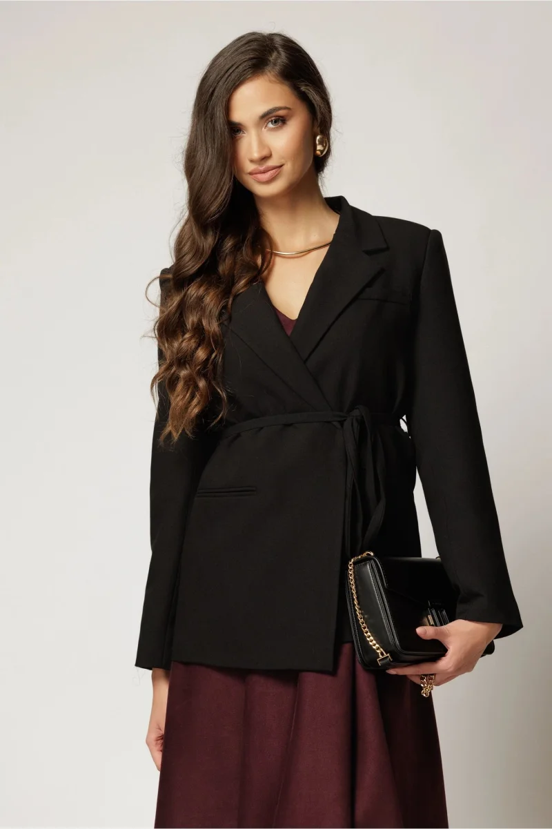 Sacou dama negru casual cu snur in talie