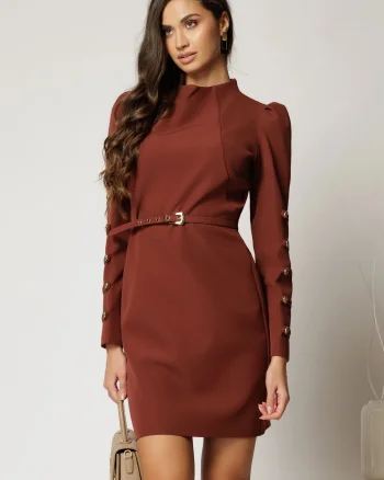 Rochie DY Fashion scurta caramizie cu nasturi pe maneci