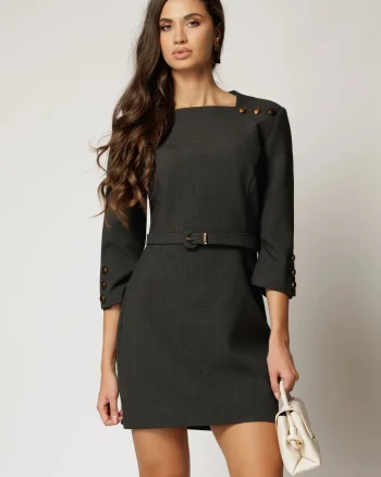 Rochie DY Fashion scurta gri cu decolteu patrat si nasturi