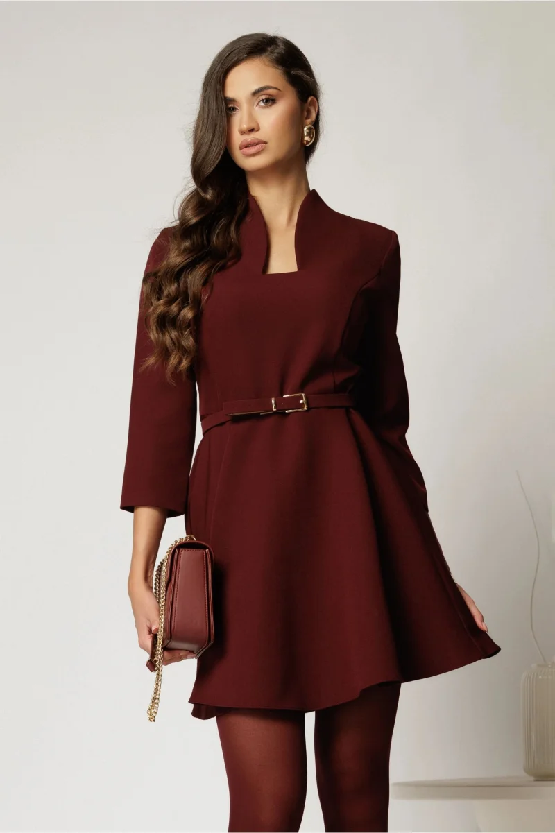 Rochie DY Fashion scurta bordo cu decolteu adanc si maneci lungi