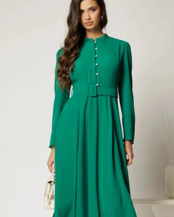 Rochie DY Fashion midi verde eleganta cu nasturi si curea in talie