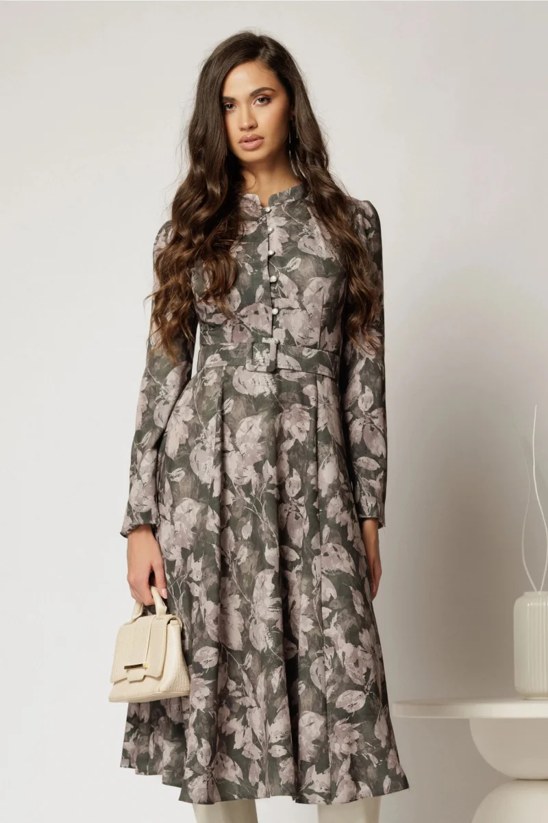 Rochie DY Fashion midi kaki cu imprimeuri eleganta cu nasturi si curea in talie