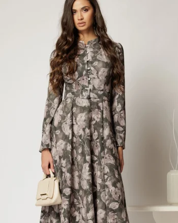 Rochie DY Fashion midi kaki cu imprimeuri eleganta cu nasturi si curea in talie