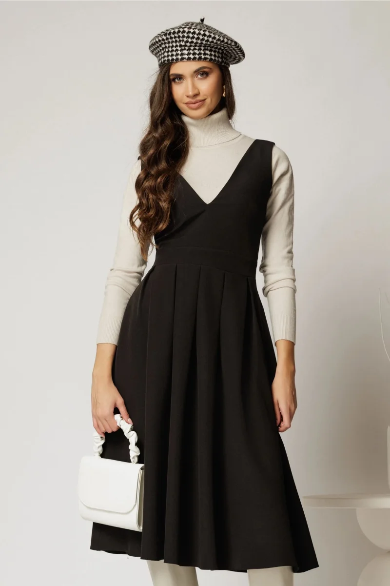 Sarafan DY Fashion midi negru cu croi clos si pliuri