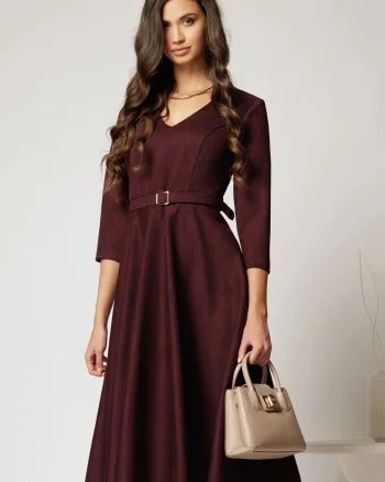 Rochie DY Fashion midi bordo din piele intoarsa cu decolteu in V