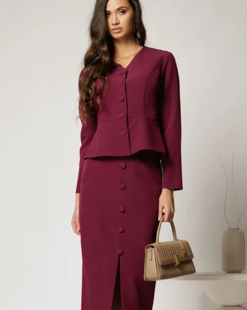 Compleu DY Fashion magenta format din sacou cu decolteu discret si fusta conica