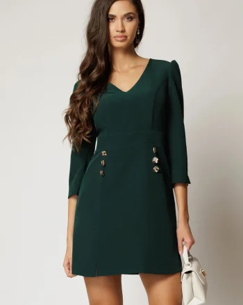 Rochie DY Fashion scurta verde cu decolteu V si nasturi decorativi pe fusta