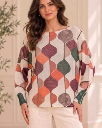 Bluza cu maneca fluture si imprimeu geometric abstract, bordo bej portocaliu